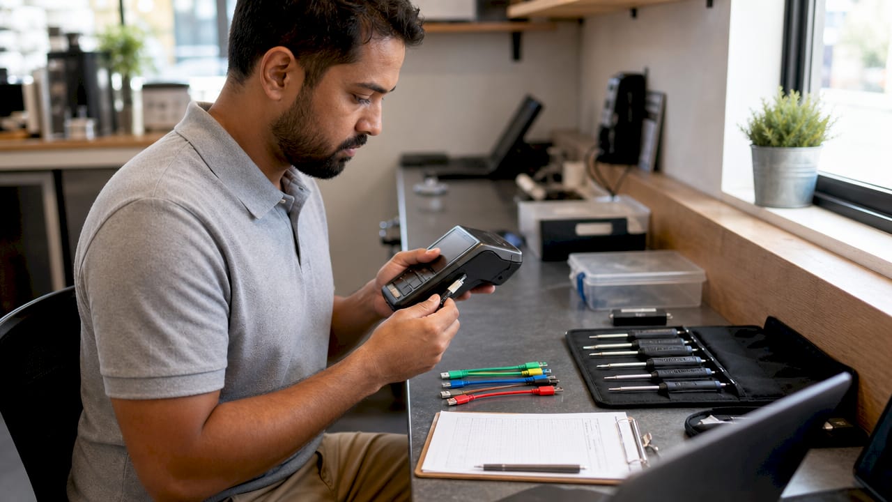 Technician updating POS terminal hardware