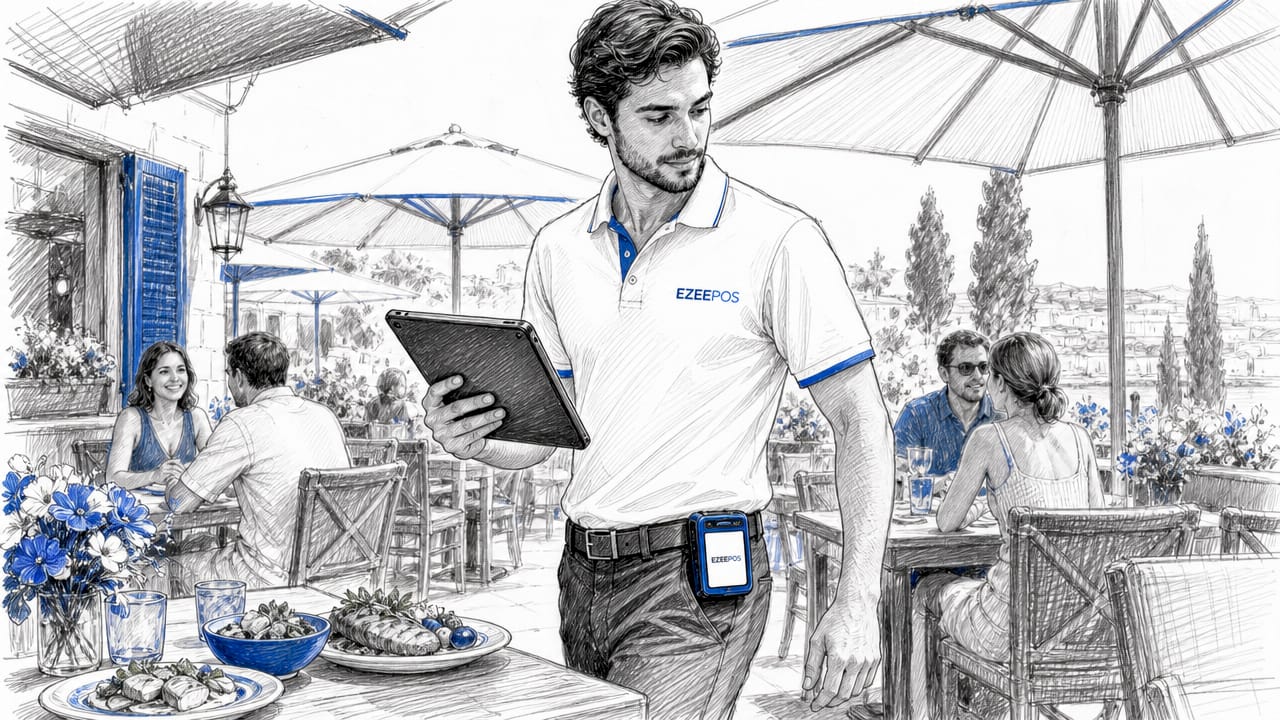 Server carrying portable tablet POS walking in restaurant