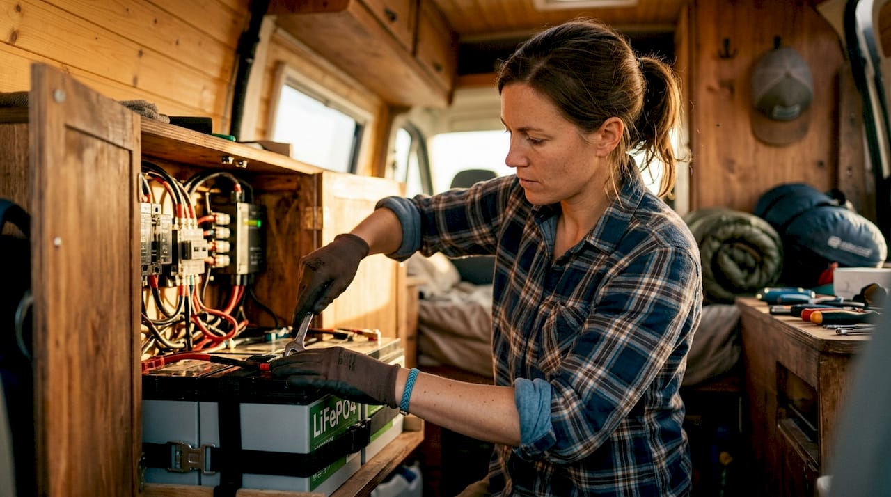 Close-up of hands connecting campervan LiFePO4 battery