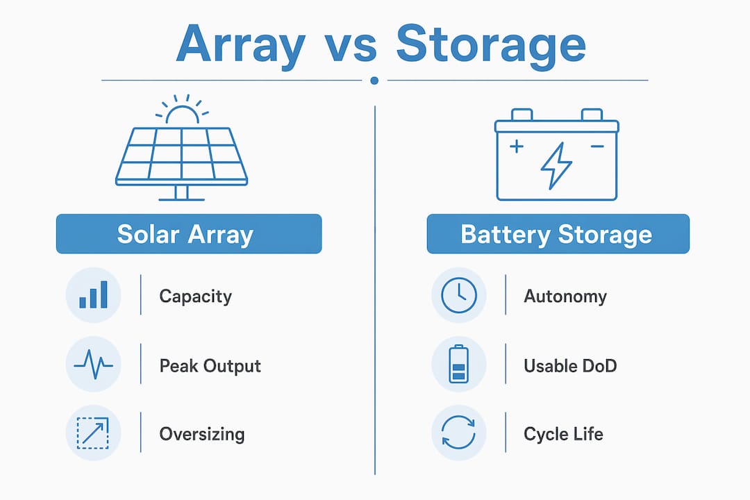 Infographic comparing solar array capacity and battery storage