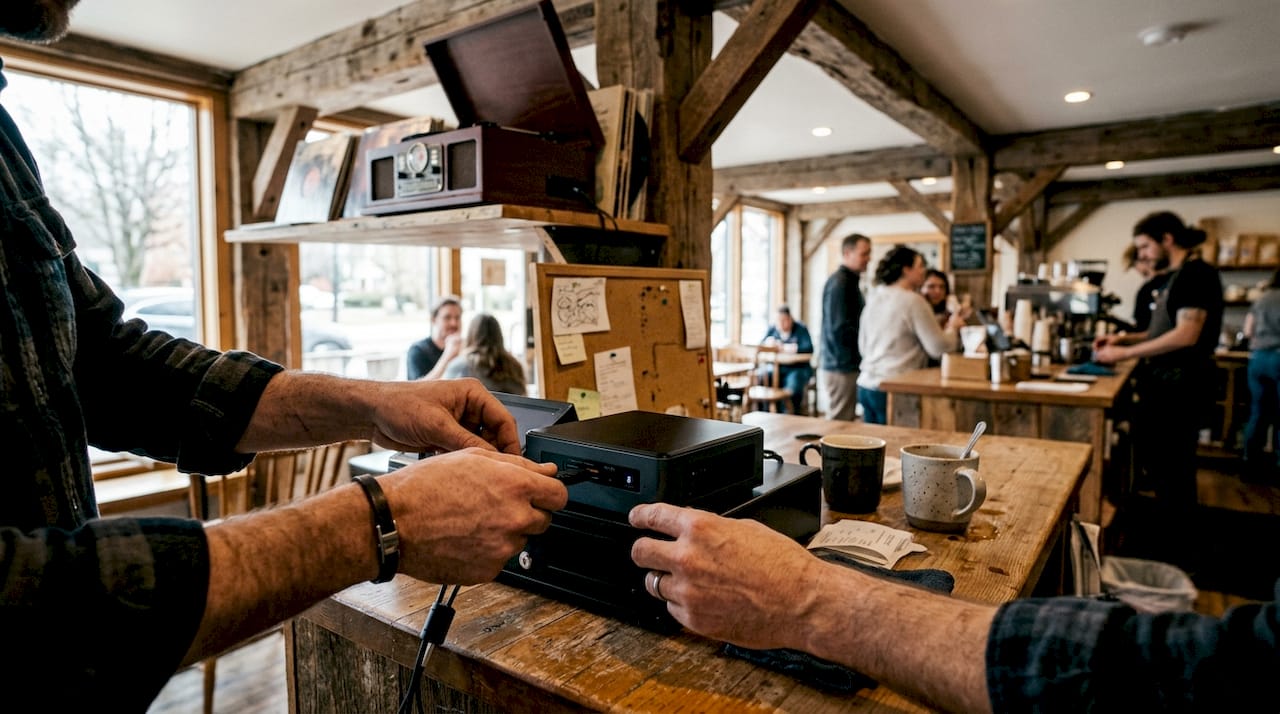 Technician hands swapping modular POS compute unit