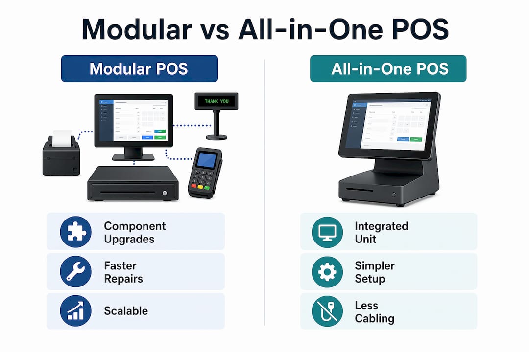 Infographic comparing modular and all-in-one POS systems