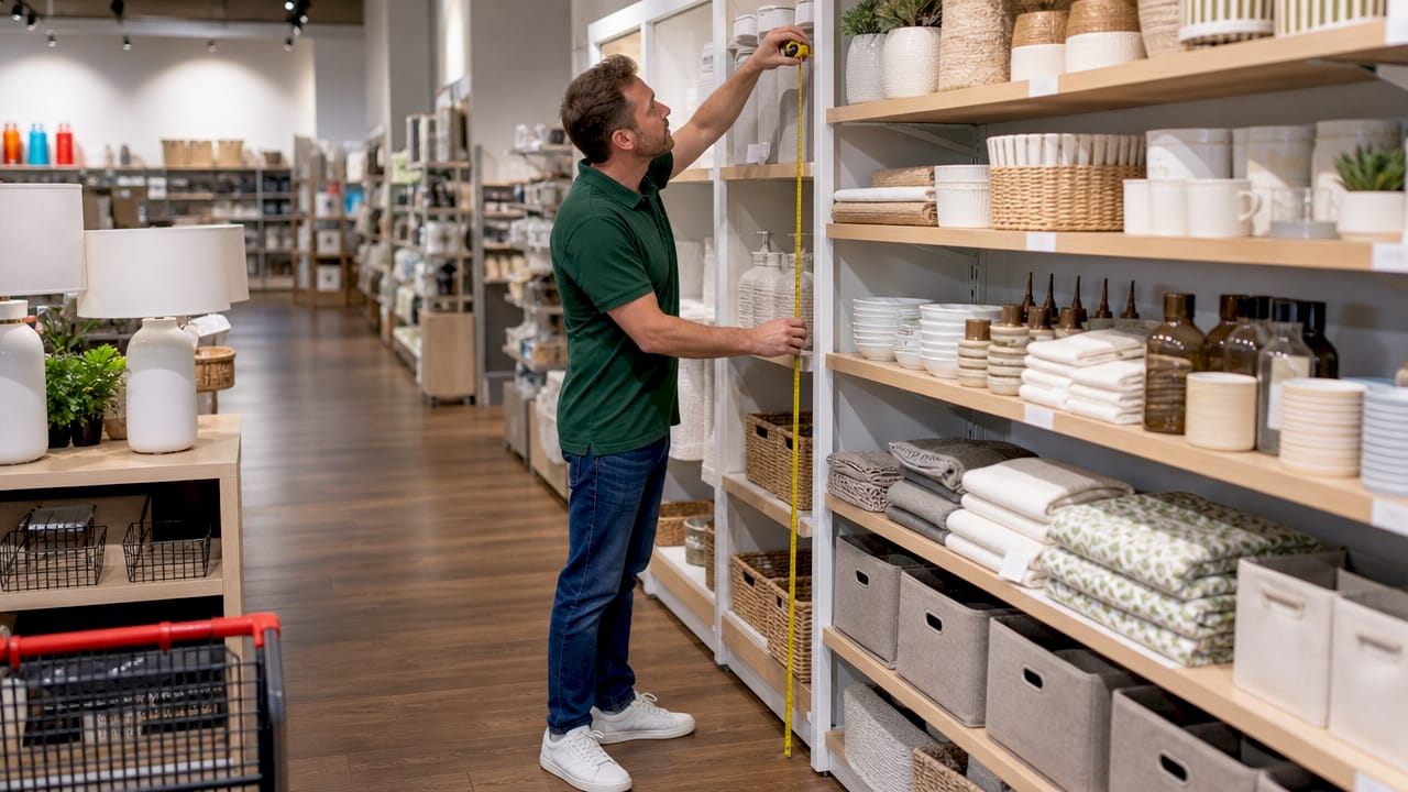 Hands measuring retail shelf width in store