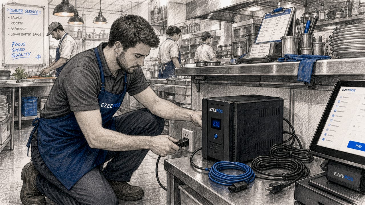 Hands connecting UPS for POS power protection
