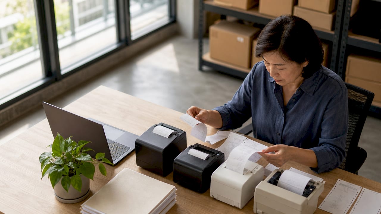 Woman examining different POS printer receipts