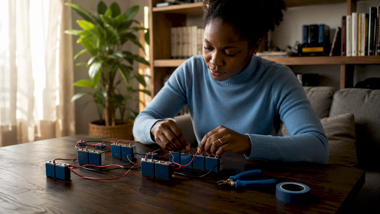 Hands wiring battery cells in series and parallel