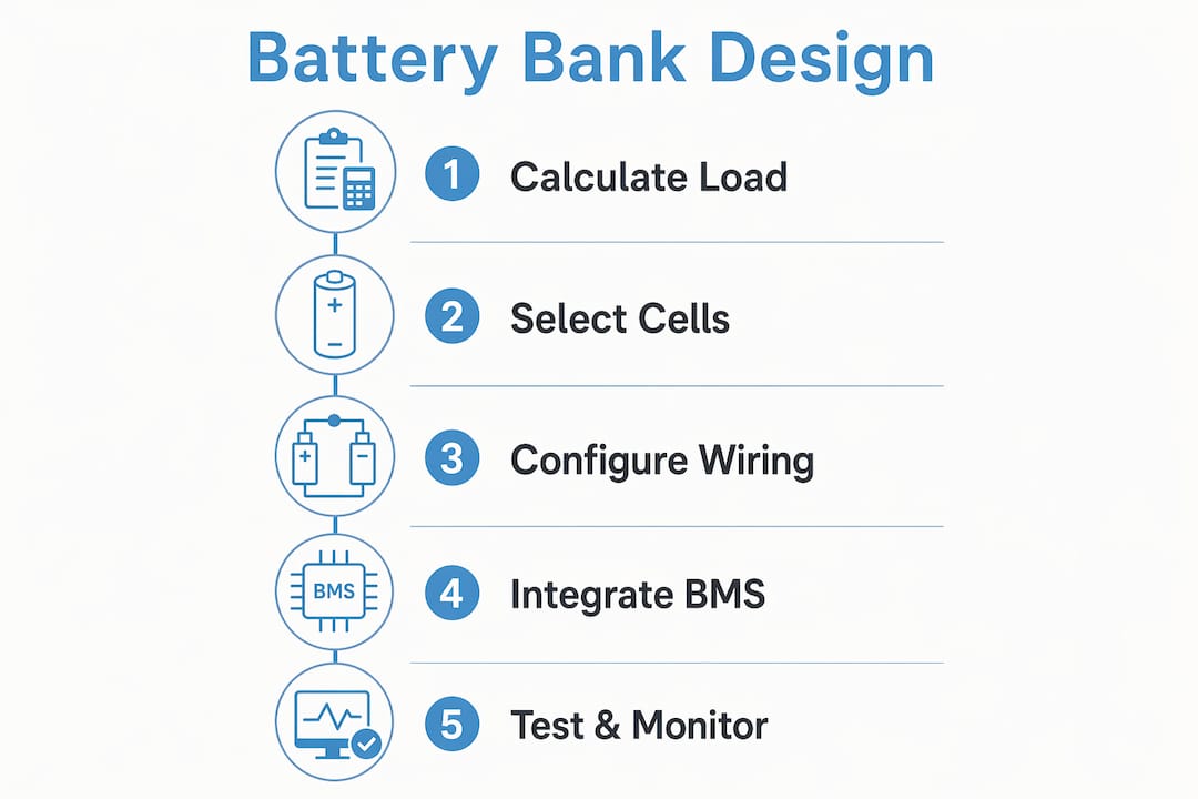 Infographic showing battery bank design steps