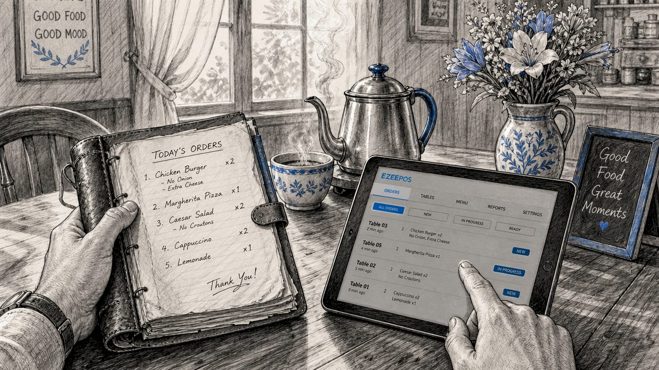 Hands showing manual order pad and smartphone side by side