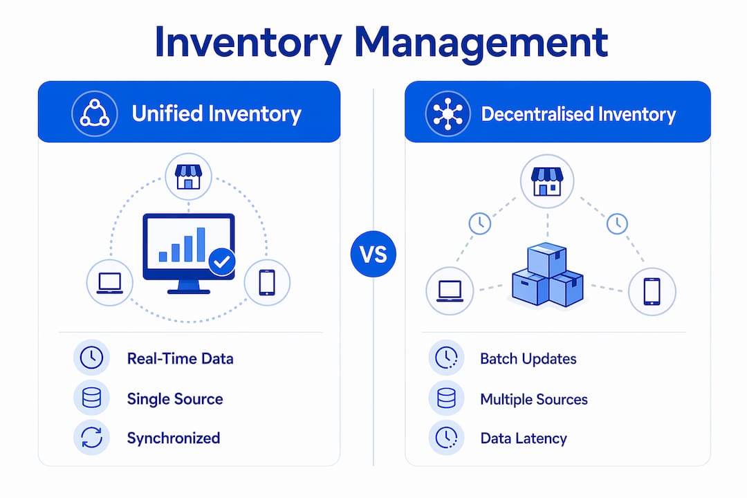 Infographic contrasting unified and decentralised inventory