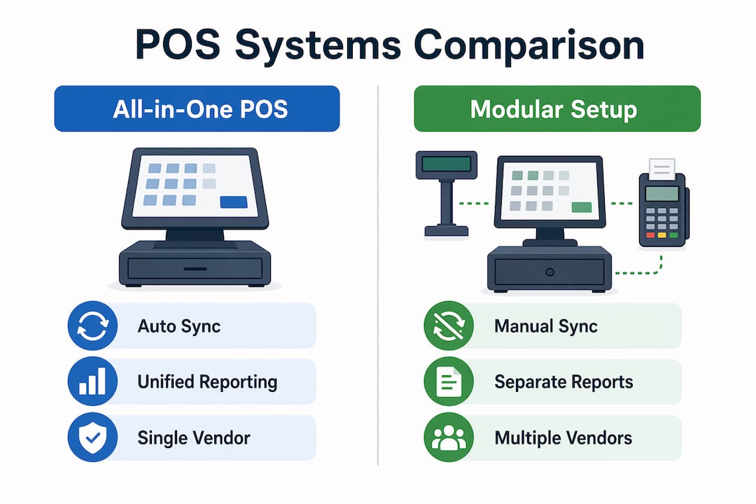 Infographic comparing all-in-one POS with modular setups