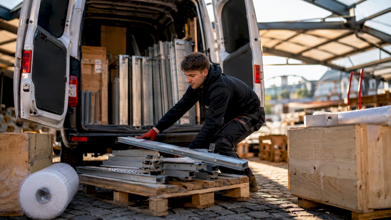 Worker unloading retail fixtures at warehouse