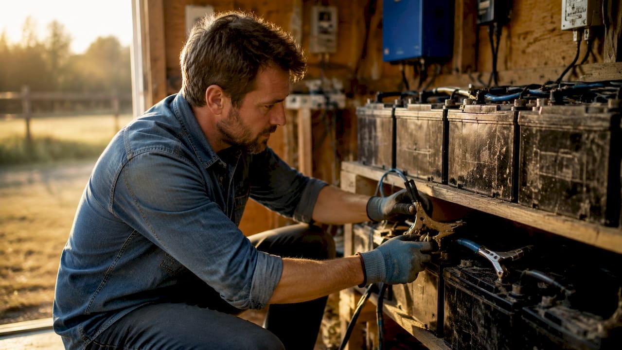 Hands connecting battery terminals in off-grid system