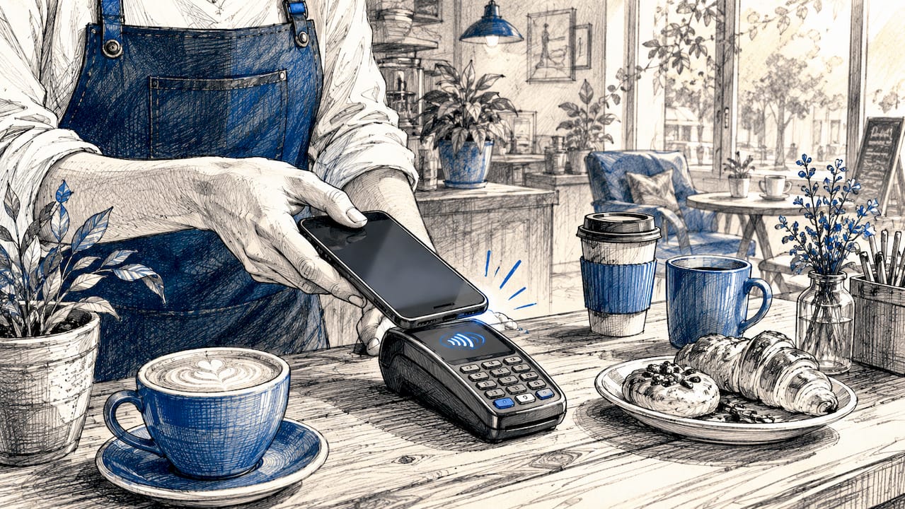 Hands making mobile payment with smartphone at café
