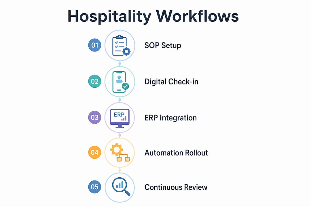 Infographic showing step-by-step hospitality workflow implementation process