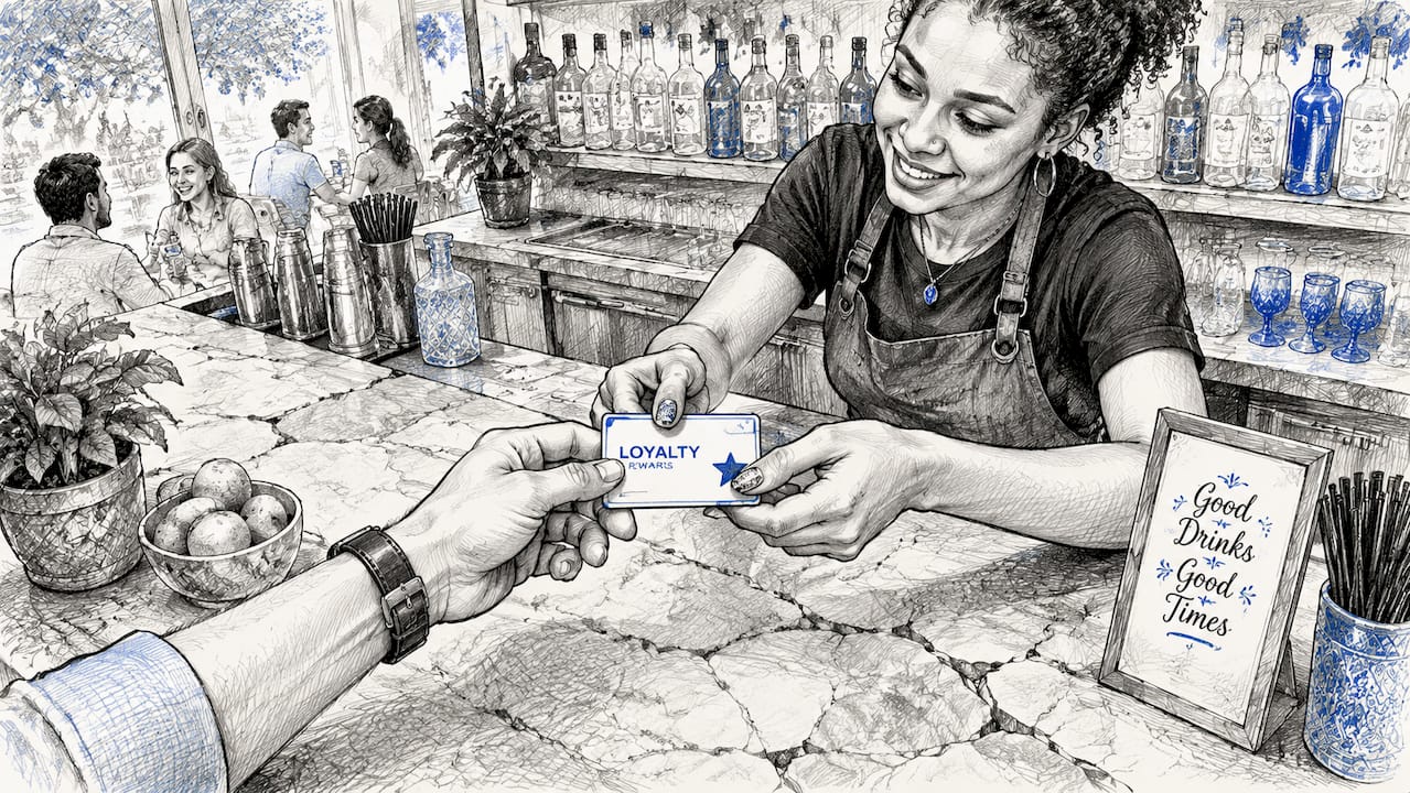 Staff handing loyalty card across bar counter