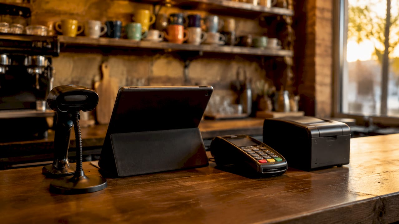 Cloud POS hardware devices on café counter