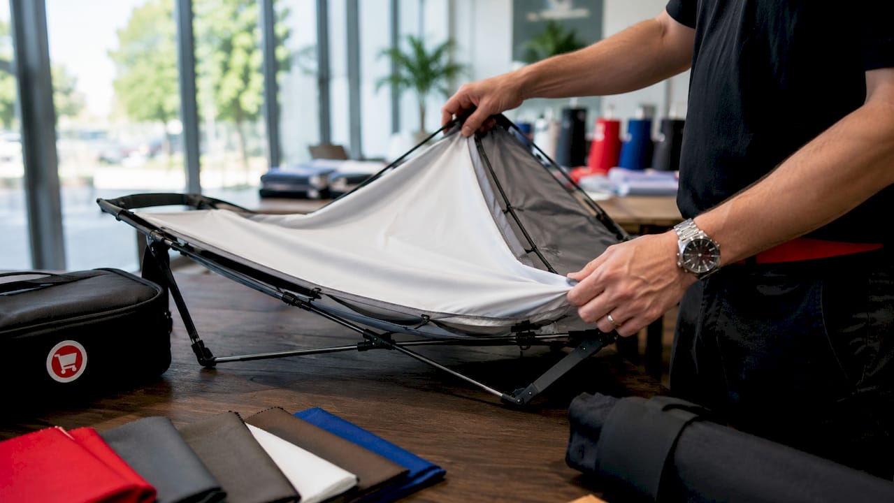 Hands unpacking portable fabric display