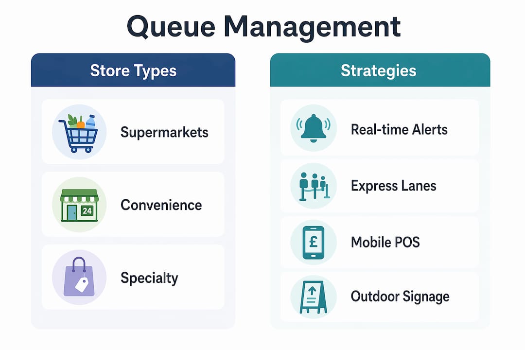 Infographic comparing store types and queue strategies