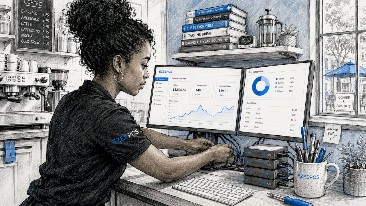 Technician configuring restaurant reporting setup