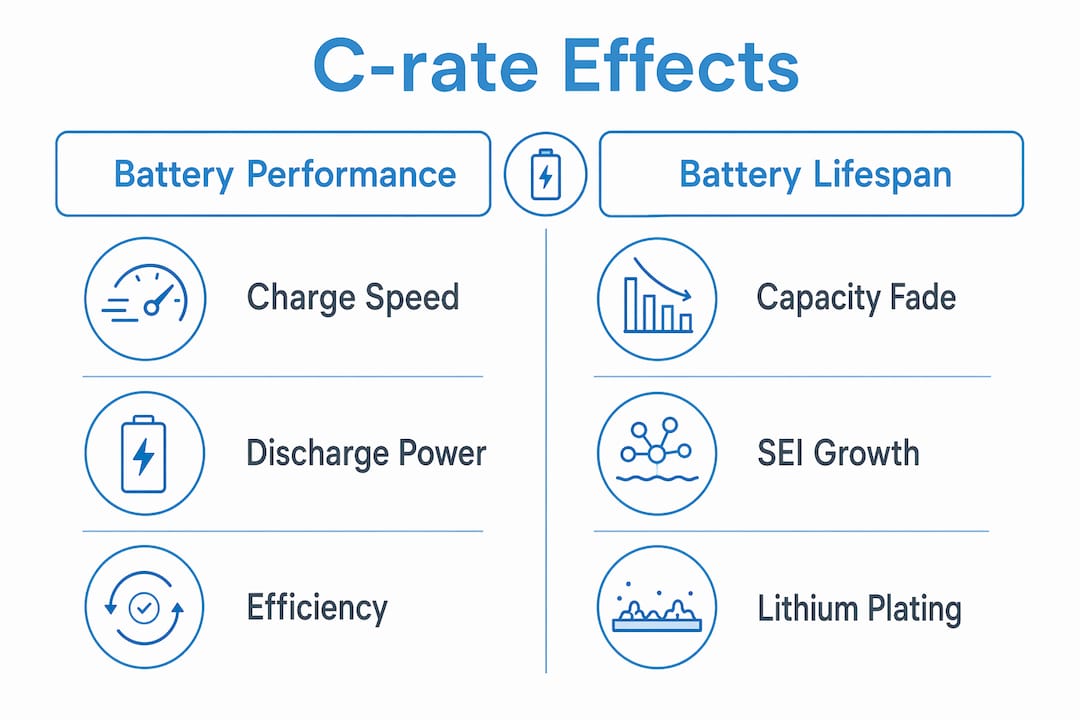Infographic comparing battery performance and lifespan effects of C-rate