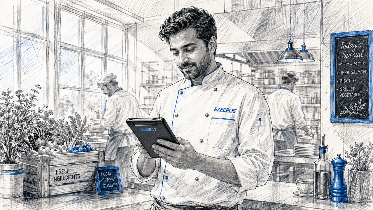 Chef checking stock inventory on handheld device