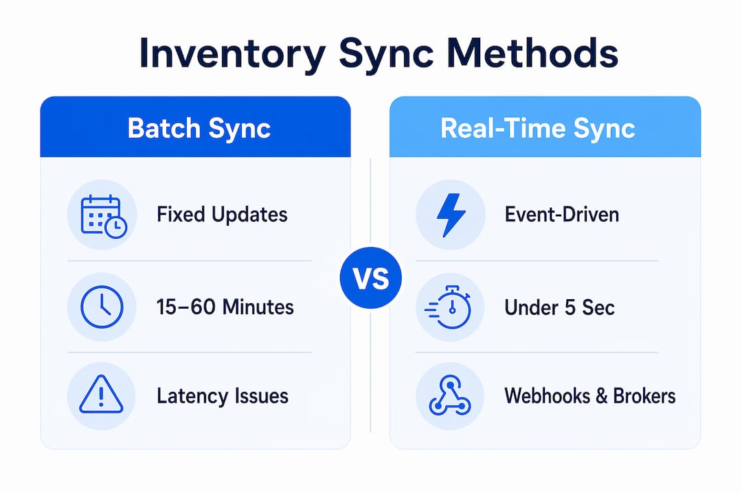 Infographic comparing batch vs real-time inventory sync