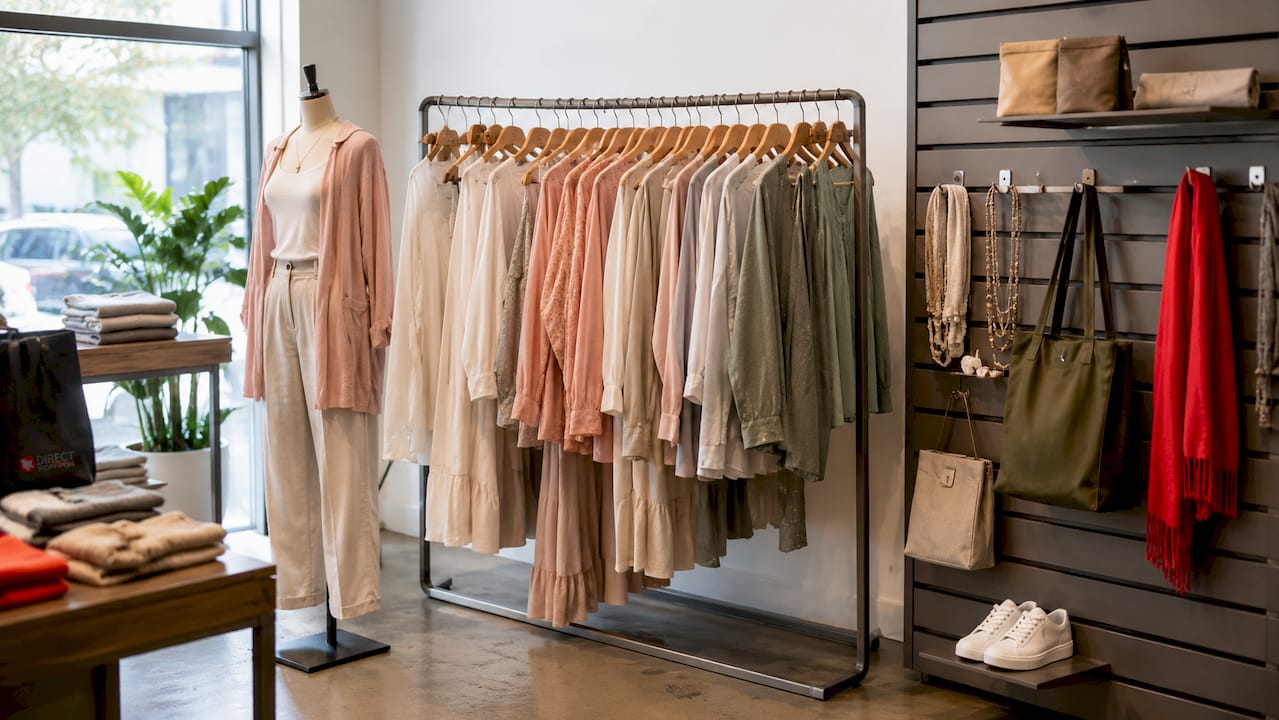 Boutique retail fixtures including garment rack and slatwall