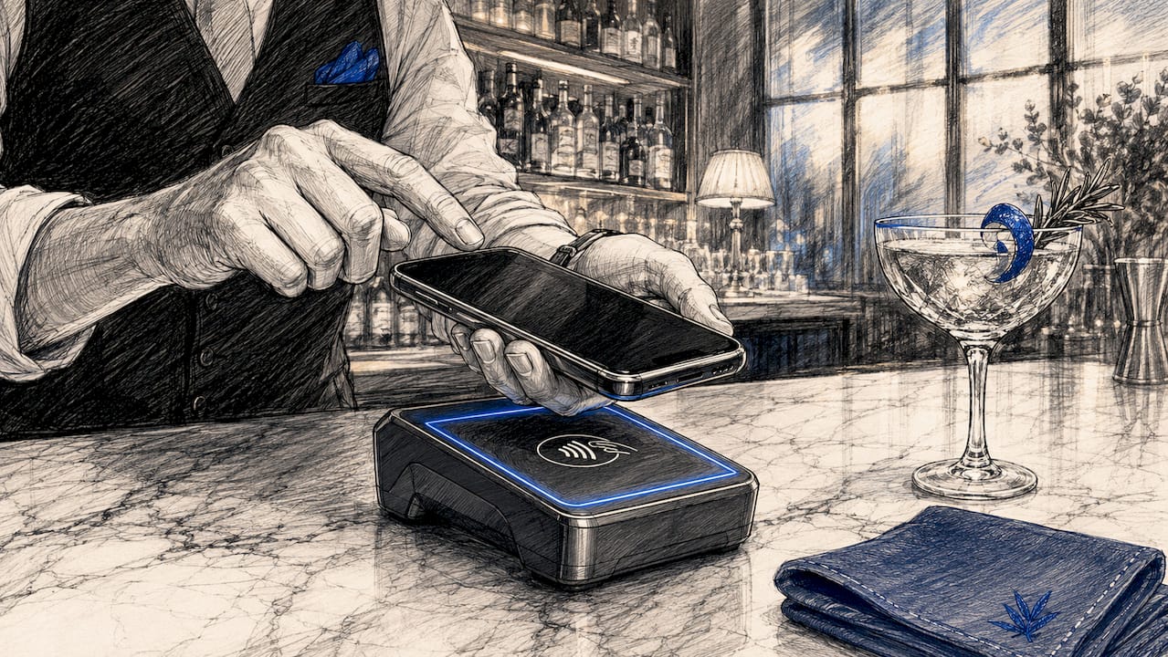 Hands holding smartphone over POS for payment authorization