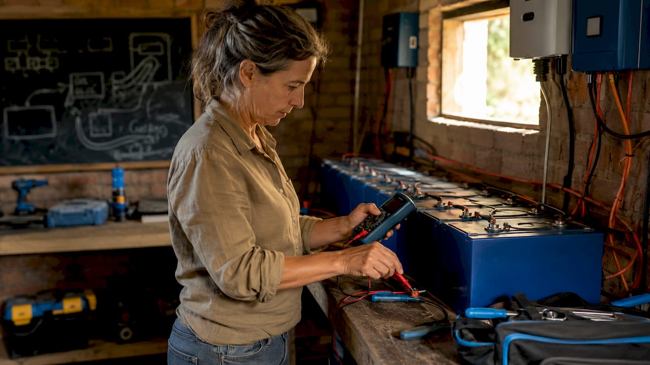 Woman testing LiFePO4 batteries in utility room