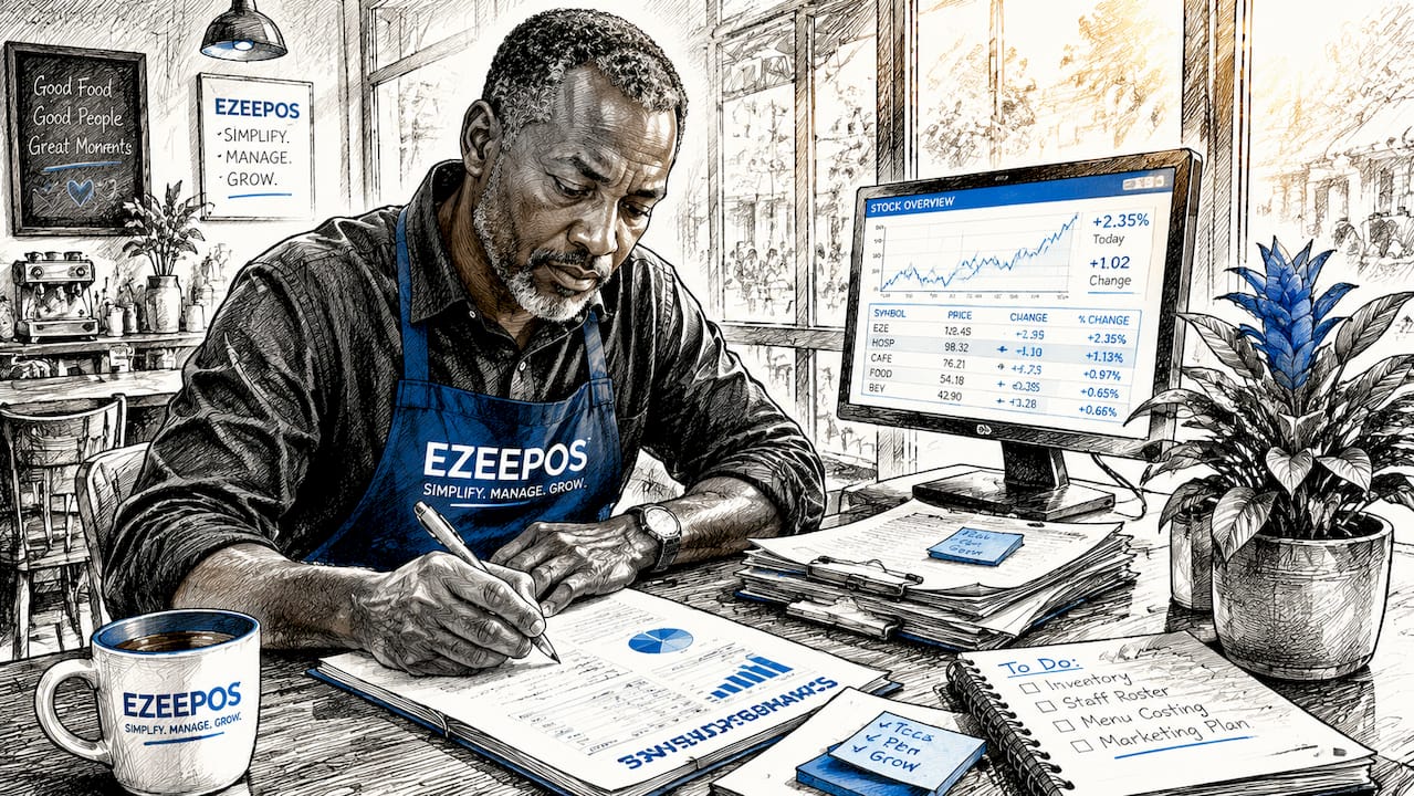 Hospitality operator working on POS reports at desk