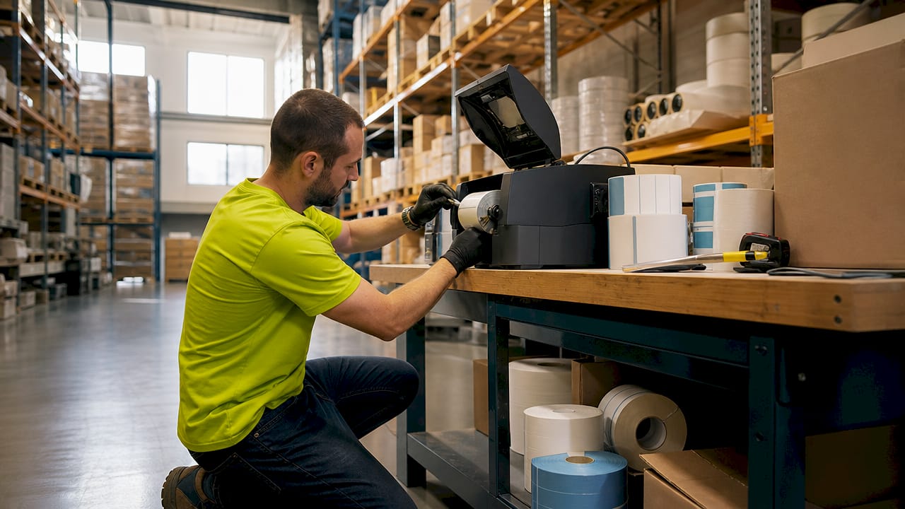 Hands operating desktop barcode label printer