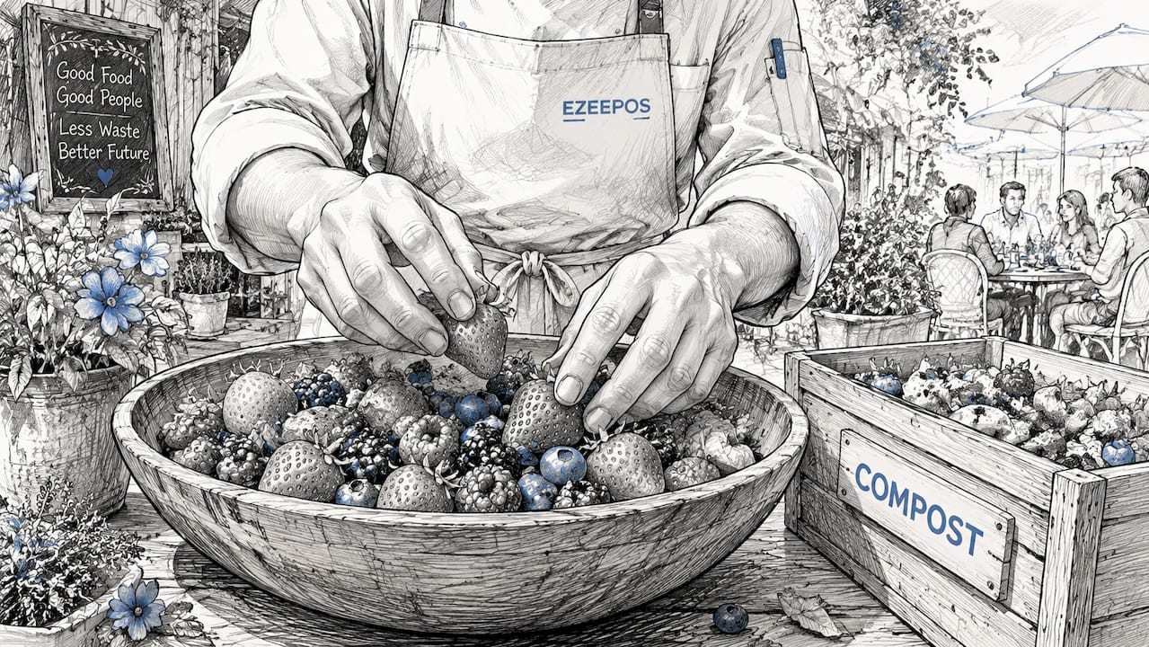 Chef discarding spoiled fruit in kitchen compost bin