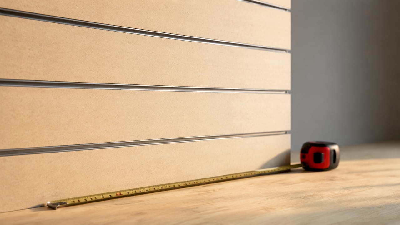 Close-up of slatwall panel grooves with metal inserts