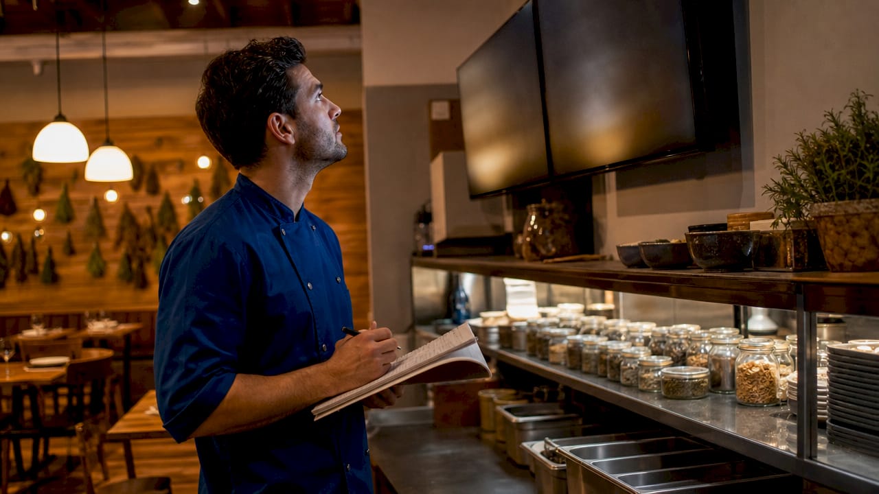 Chef checking kitchen digital display integrated with POS