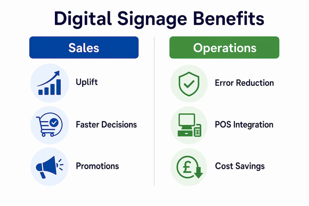 Infographic comparing sales and operational benefits of digital signage in restaurants
