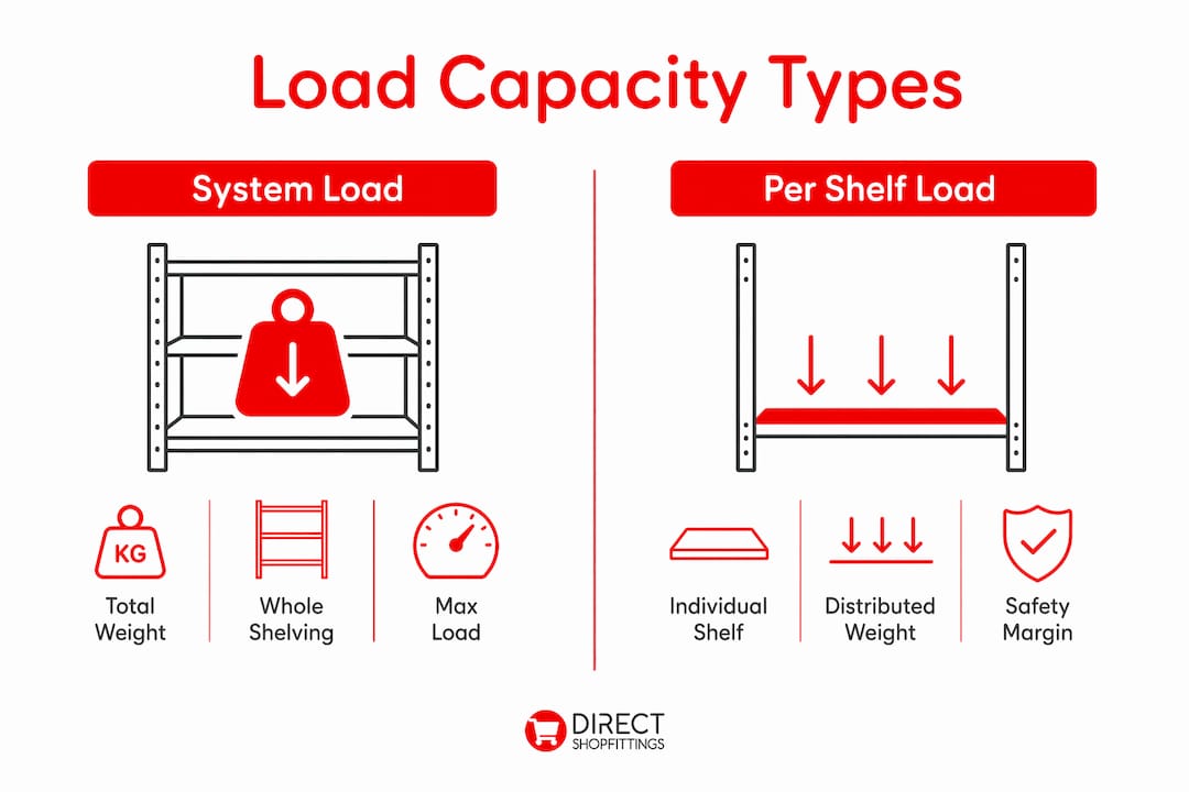 Retail shelving load capacity explained for store owners 1 Infographic contrasting system versus per shelf load capacity