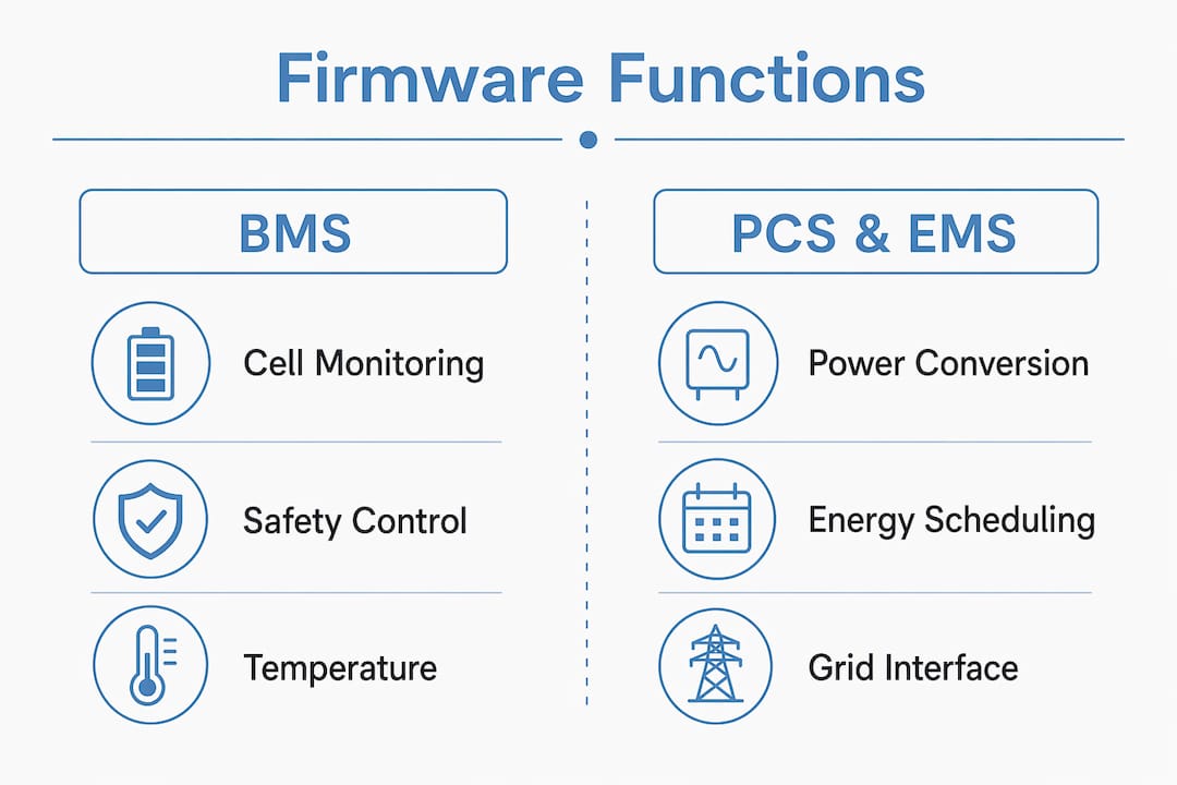 Infographic comparing BMS and PCS/EMS firmware functions
