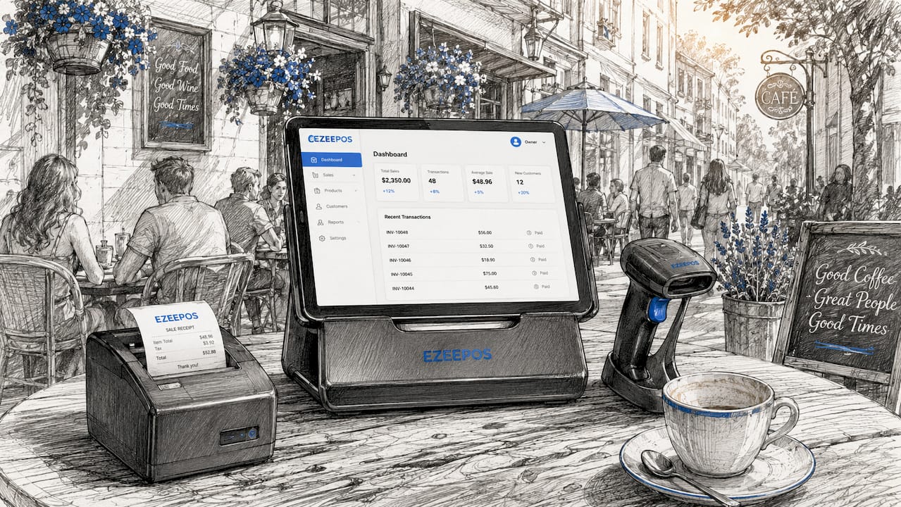 Tablet POS hardware on café counter