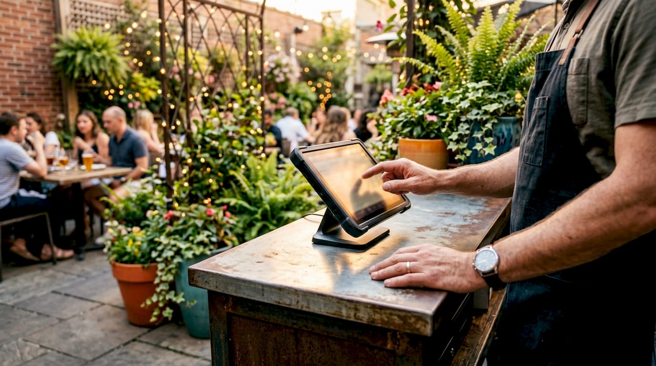 Manager using touchscreen POS software at restaurant