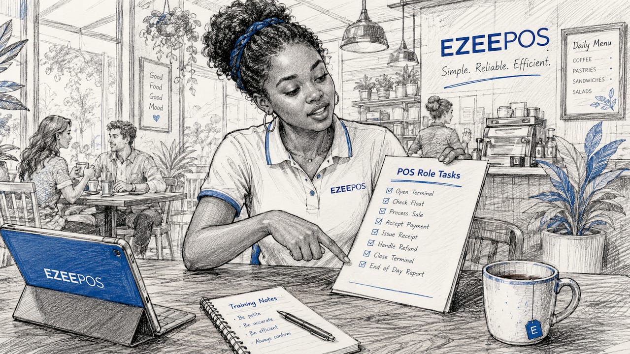 Trainer referencing POS role checklist at table