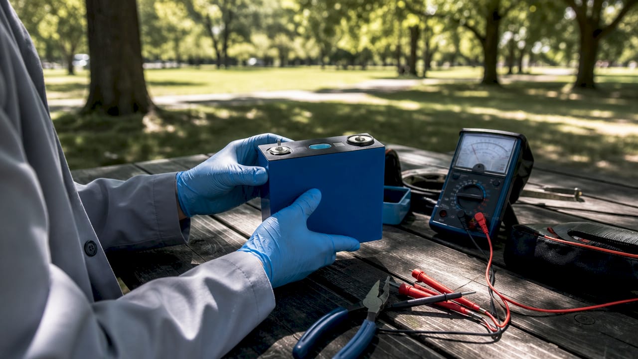 Hands inspecting battery cell resistance in lab