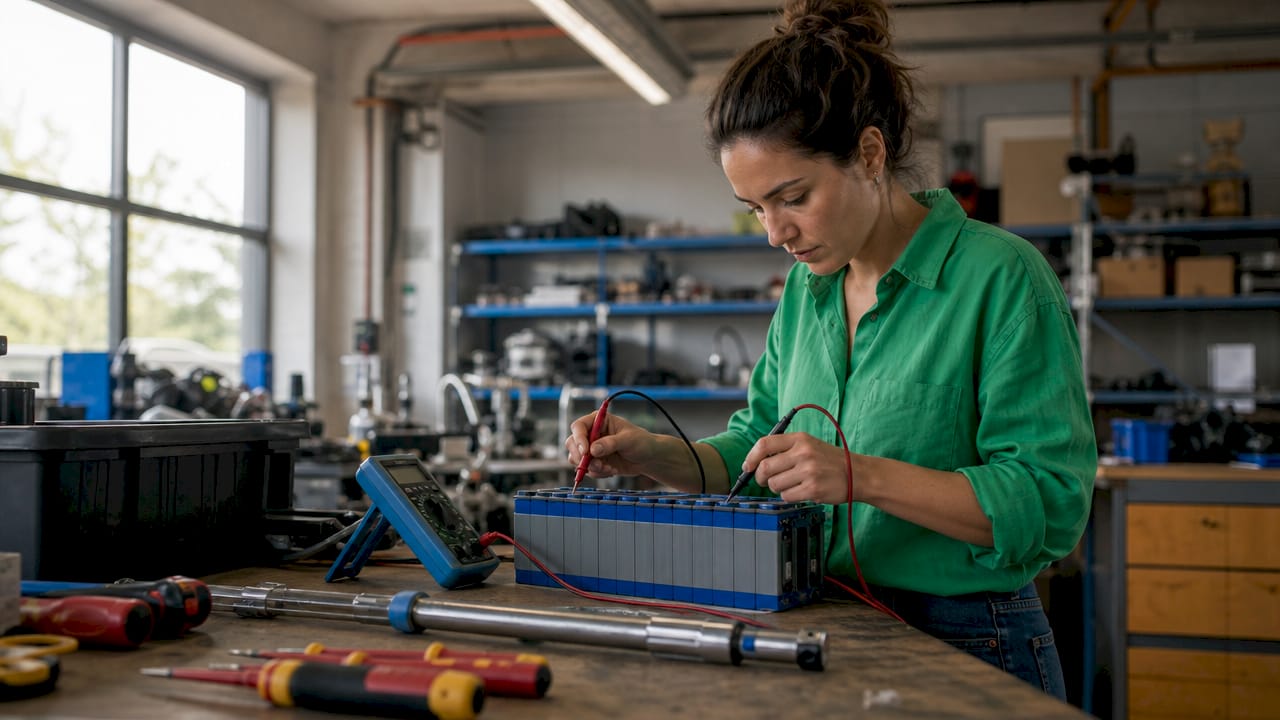 Hands holding electrical tools over workbench