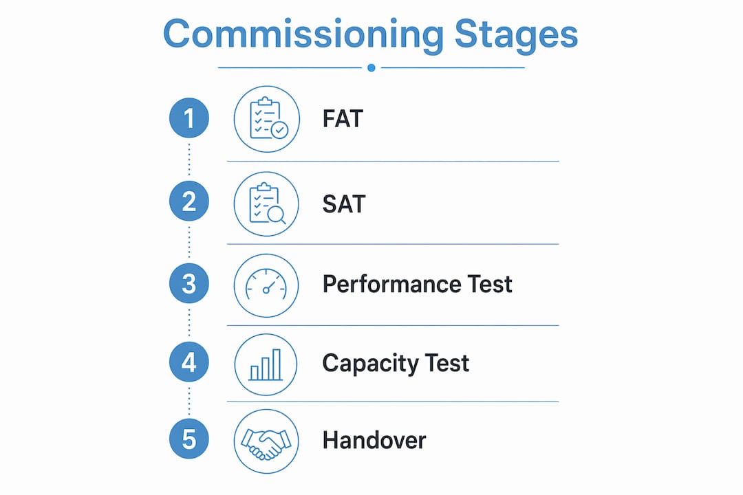 Infographic illustrating lithium battery commissioning stages
