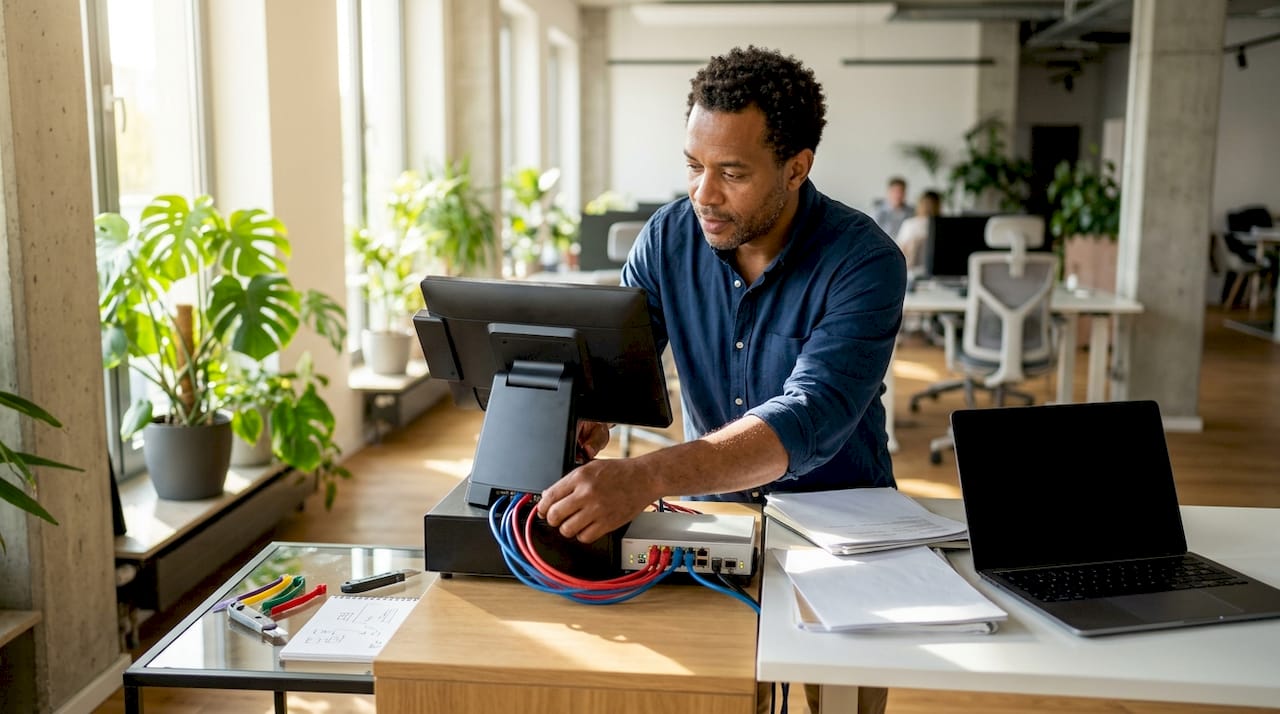 IT specialist configuring POS system in server room