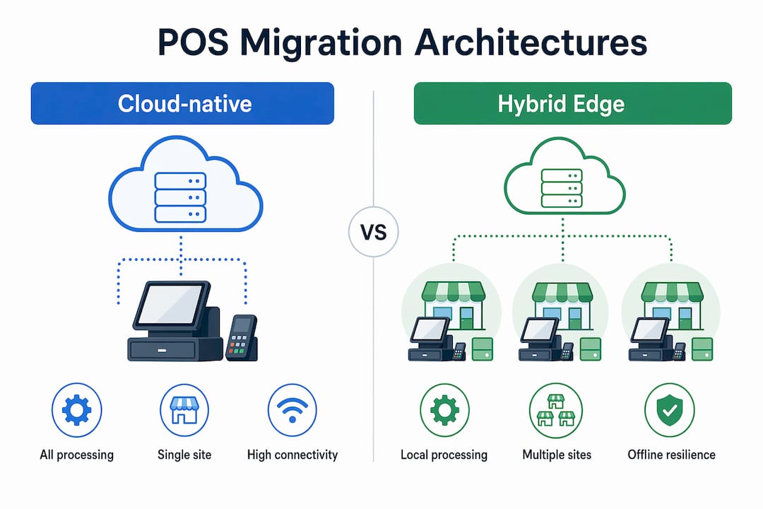 Infographic comparing cloud-native and hybrid POS architectures
