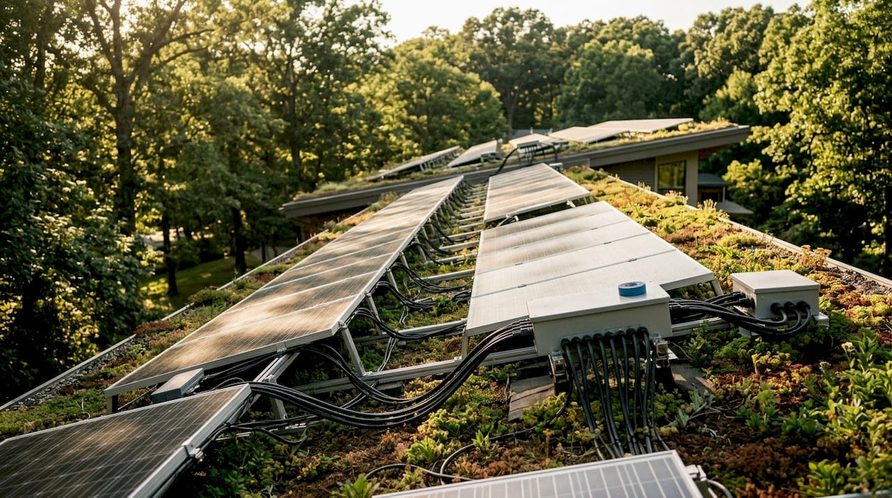 Close-up of solar panel wiring connections