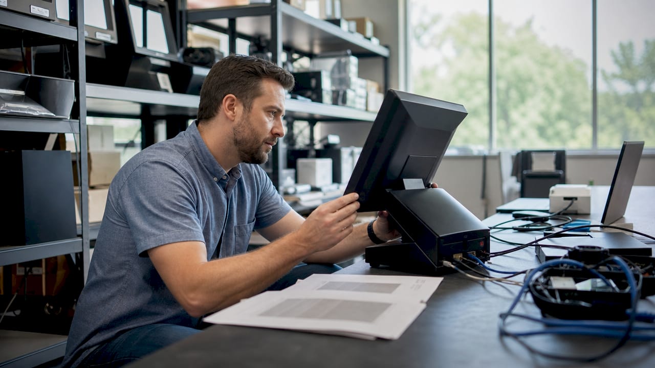 Technician configuring POS data security settings
