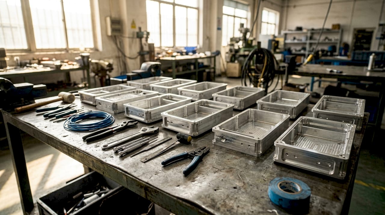 Close-up aluminium battery housings on workshop table