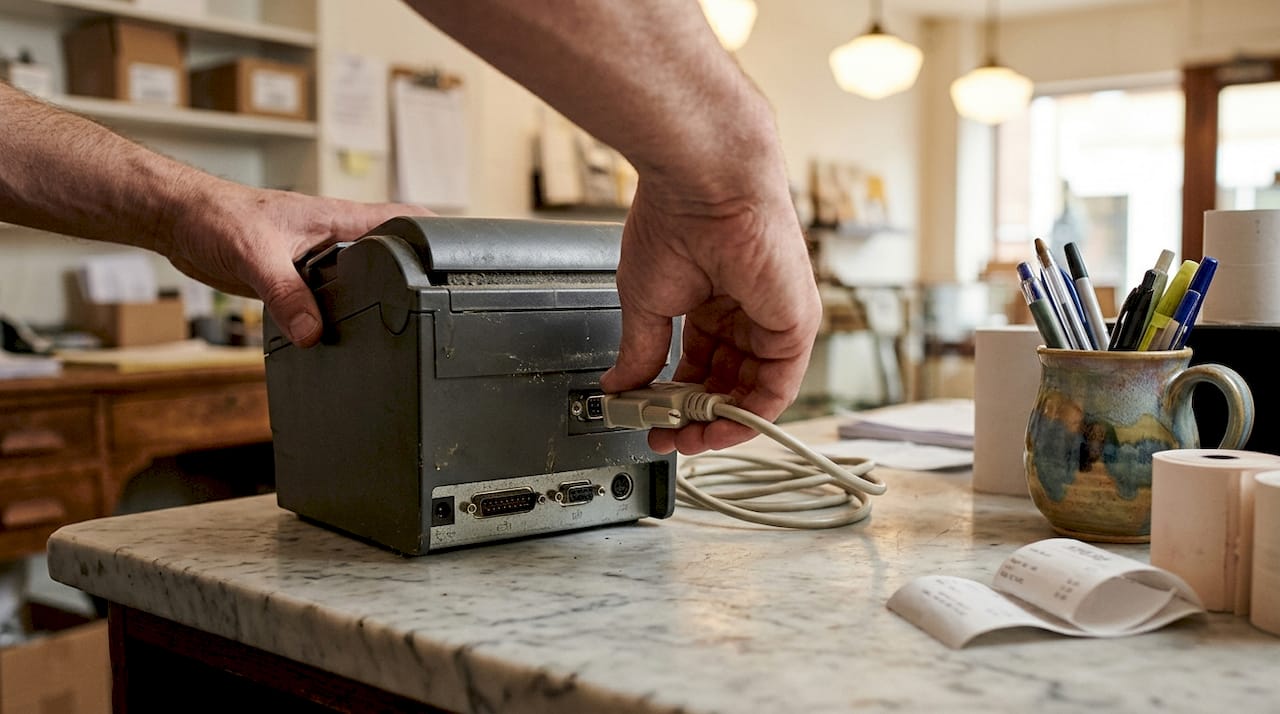 Hands attaching CloudPRNT adapter to legacy POS printer