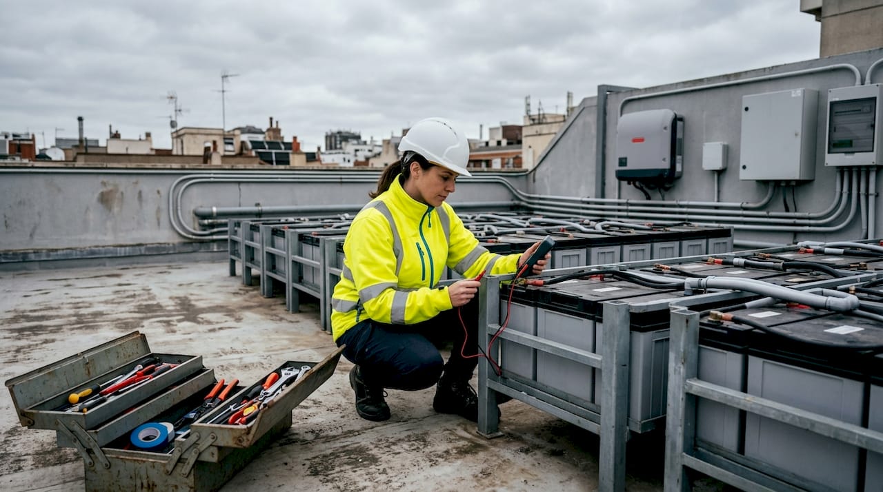 Engineer inspecting rooftop battery bank modules